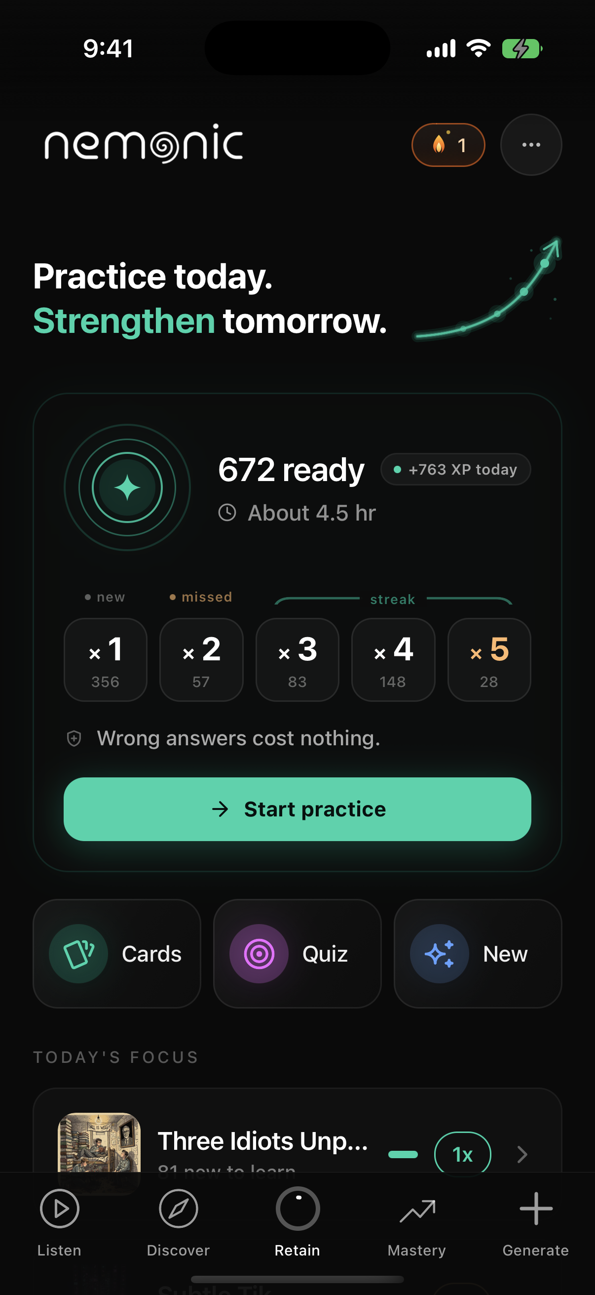 Nemonic — daily practice with multipliers and XP